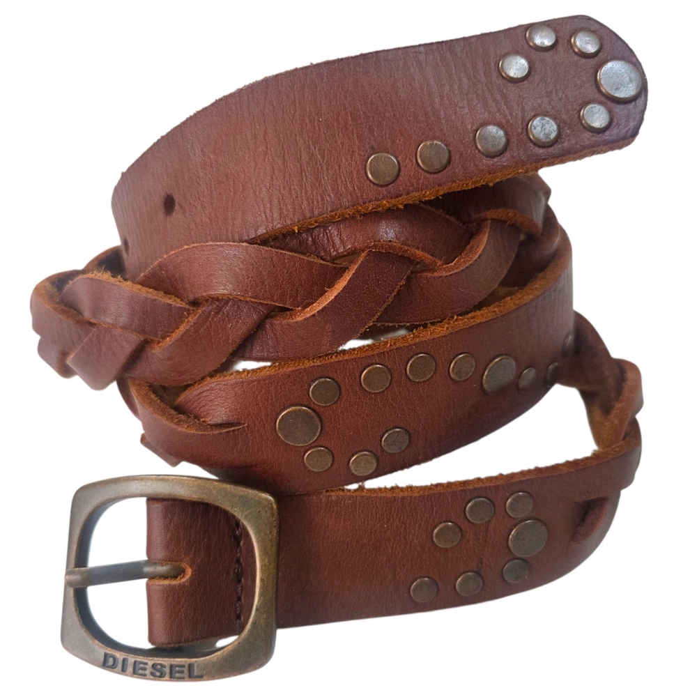 Vintage Y2K Diesel Braided Leather Belt Womens 100/40 XL Brown Studded